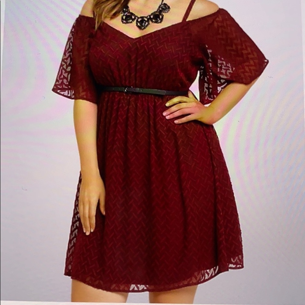 Burgundy off the shoulder dress with straps.